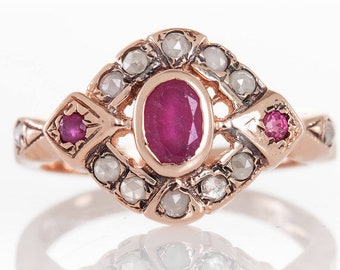 Pink Ruby Ring - Ruby Rose Cut Diamonds Ring - July Birthstone Ring  - Gemstone Ring - Women Vintage Ruby Ring - Anniversary Gift - Art Deco