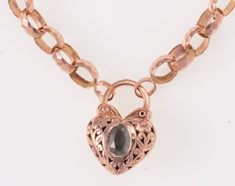 Gemstone Heart Shaped Lock - Vintage Padlock with Aquamarine - 14K Rose Gold Padlock - Padlock Pendant Rose Gold - Gold Heart Pendant