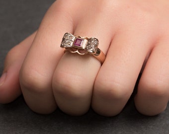 Ruby and Rose Cut Diamonds Bow Tie Ring - Knot Gemstone Ring - Ribbon Ruby and Diamonds Gold Ring - Bow Ruby Ring