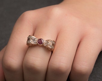 Ruby and Diamonds Bow Ring - Ribbon Gemstone Gold Ring - Ruby and Gray Diamonds Knot Ring - Vintage Style Ring