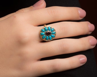 Gold Turquoise and Garnet Flower Ring - Turquoise Jewelry - Vintage Ring Turquoise  - December Birthstone