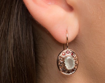 Oval Milky Aquamarine and Garnet Earrings - Wedding Jewelry - March Birthstone Jewelry - Gold Gemstone Earrings - Anniversary Gift