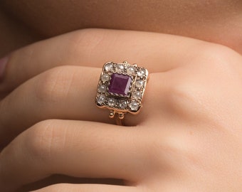 Ruby and Rose Cut Diamonds Square Cocktail Ring - July Birthstone - Vintage Gemstone Jewelry - Rose Gold Gemstone Ring - Pink and Gray