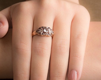 Gemstone Flower Ring - Gold Ring with Aquamarine and Garnet - Aquamarine Jewelry - Garnet and Aquamarine - Flower Vintage Rose gold Ring