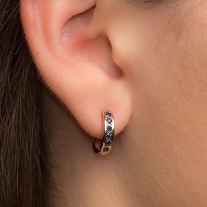 14mm Small Sapphire Hoop Rose Gold Earrings image 1
