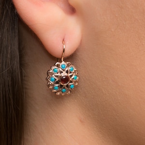 Turquoise and Garnet Flower Earrings - 14K Rose Gold Earrings with Garnet and Turquoise - Unique Floral Earrings