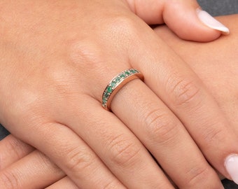 Half Eternity Emerald Band - Stackable Gemstone Band - Rose Gold Band - Gold Emerald Band - Pave Emerald Ring - Green Birthstone Gold Ring