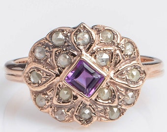 Amethyst Gold Ring - February Birthstone - Vintage Ring with Amethyst - Diamond Ring - 14K Rose Gold Ring - Amethyst and Diamonds Ring