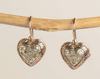 Gold Heart Diamond Earrings - Heart Drop Earrings - Rose Cut Diamonds - 14K Rose Gold - Vintage Jewelry - Women Earrings - Elegant Earrings