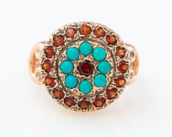 Turquoise Gold Ring - Statement Ring - Gemstone Ring - Flower Jewelry - Rose Gold Ring - Vintage Gemstone - Garnet Ring - Red and Turquoise