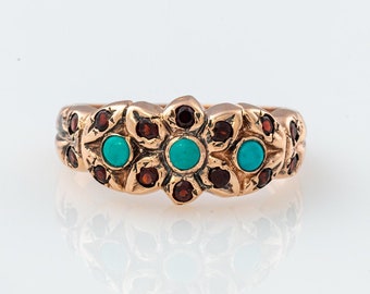 Gold Turquoise and Garnet Flower Ring - Turquoise Jewelry - Vintage Ring Turquoise - December Birthstone - 14K Rose Gold