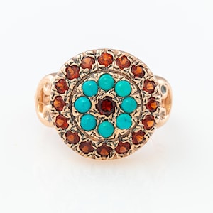 Turquoise Gold Ring - Statement Ring - Gemstone Ring - Flower Jewelry - Rose Gold Ring - Vintage Gemstone - Garnet Ring - Red and Turquoise