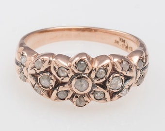 Rose Cut Diamond Floral Ring - Vintage Style Gold Diamond Ring - Engagement Diamond Ring - Flower Rose Gold Ring