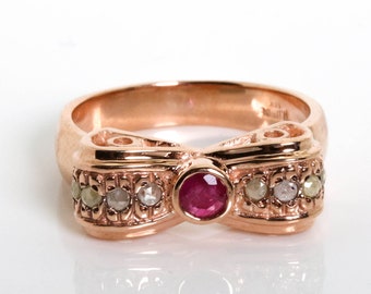 Small Bow Tie Ruby And Diamonds Rose Gold Ring