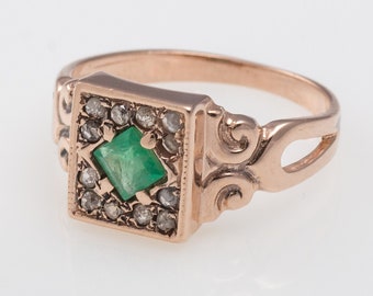 Square Emerald and Rose Cut Diamonds Ring - Diamond and Emerald - Gemstone Square Gold Ring - Gift For Her - Gold Diamond Ring - Green Ring