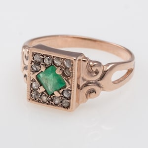 Square Emerald and Rose Cut Diamonds Ring - Diamond and Emerald - Gemstone Square Gold Ring - Gift For Her - Gold Diamond Ring - Green Ring