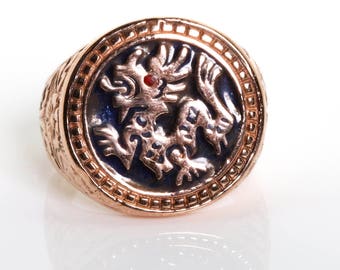 Engraved Man Ring - Dragon Enamel Ring - Unique Men Ring - Round Enamel Ring for Him - Gift for Him - Engraving Enamel Ring - Unisex Ring