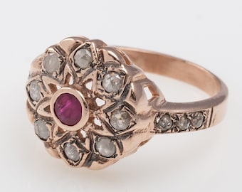 Bague fleur mandala rubis et diamants bruts en or rose massif 14 carats - Bague en or avec pierres précieuses - Bague florale avec pierres précieuses