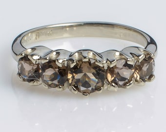5 Stone Topaz White Gold Ring - 14K White Gold Smoky Topaz Ring - Brown Gemstone Ring - Engagement Ring - Vintage White Gold Ring