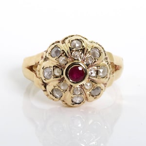 Ruby and Diamonds Raised Flower Ring - Yellow Gold Ruby Ring - Flower Shaped Ring - Gemstone Ring - Floral Rose Cut Diamonds and Ruby Ring