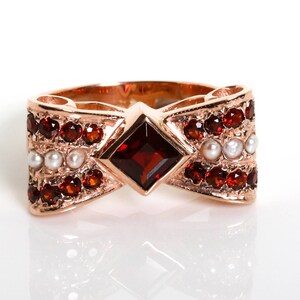 Bow Tie Garnet Ring Bow Ring Rose Gold Garnet Ring Garnet and Diamonds Ring Vintage Pearl and Garnet Ring Rose Gold Gemstone Ring image 2