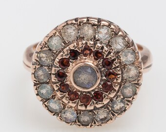 Labradorite and Garnet Flower Vintage Ring - Garnet Gemstone Ring - Princess Blue and Red Ring - Ring Garnet & Labradorite