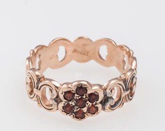 14K Rose Gold Garnet Floral Ring - Vintage Style Gold Gemstone Ring - Solid Gold Garnet Ring - Flower Rose Gold Ring