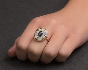 Opal and Sapphire Flower Ring - Gemstone Floral Gold Ring - Oval Opal and Sapphire Rose Gold Ring - Anniversary Gift