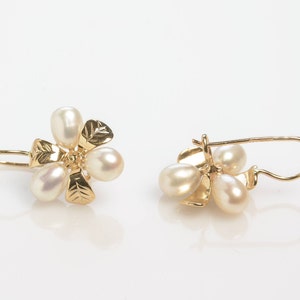 Gold Pearl Earrings Gold Leaves and Pearls Wedding Earrings 14K Yellow Gold Earrings Pearl and Gold Earrings Bridal Earrings image 2