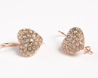 Heart Shaped Earrings - Diamond Earrings - Bridal Earrings - Rose Gold Diamond Earrings - Rose Cut Diamond Earrings - Vintage Earrings