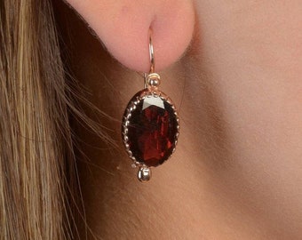 Rose Gold Garnet Earrings - January Birthstone  - Vintage Jewelry - Anniversary Gift Wife - Garnet Dangle Earrings - Gemstone Jewelry