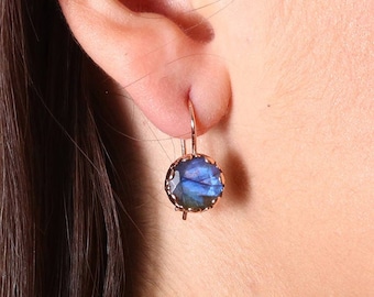 Rose Gold Drop Round Blue Labradorite Earrings