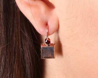 Square Gemstone Small Earrings - Garnet and Labradorite Earrings - Gemstone Rose Gold Earrings - Geometric Vintage Earrings - Tiny Earring