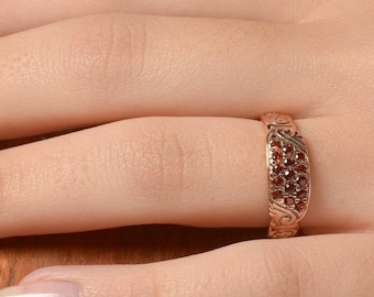 Rose Gold Garnet Ring - 3 lines of Garnet - Gemstone Ring - Birthstone Jewelry - Rose Gold Red Ring - 14k Rose Gold Garnet Ring