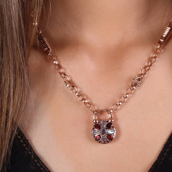 Multi Gemstone Padlock - Colorful Padlock - Rose Gold Padlock - Labradorite and Garnet Padlock - Gemstone Jewelry - Multi Color Pendant