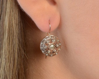 Round Diamond Earrings - Rose Gold Earrings - Vintage Drop Earrings - Handmade Gold Earrings with Diamonds - Gift for Her - 14K Rose Gold