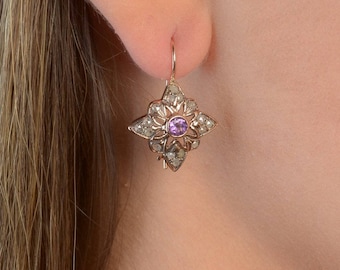 Star Earrings with Amethyst - Star Shaped Earrings - Vintage Earrings - 14K Rose Gold Earrings - Amethyst Jewelry