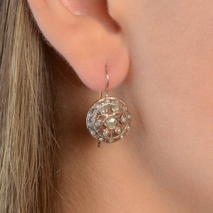 Round Diamond Earrings - Rose Gold Earrings - Vintage Drop Earrings - Handmade Gold Earrings with Diamonds - Gift for Her - 14K Rose Gold