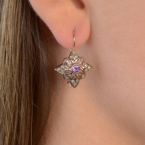 Star Earrings with Amethyst Star Shaped Earrings Vintage Earrings 14K Rose Gold Earrings Amethyst Jewelry image 1
