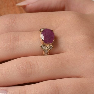 July Birthstone Ring Ruby Gold Ring 14 Karat Yellow Gold Ring Gemstone Jewelry Gold Ruby & Rose Cut Diamonds image 1