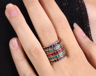 Half Eternity Gemstone Band - Stackable Multi Gemstone Band - Rose Gold Band - Gold Ruby Sapphire Emerald Band - Pave Gemstone Ring