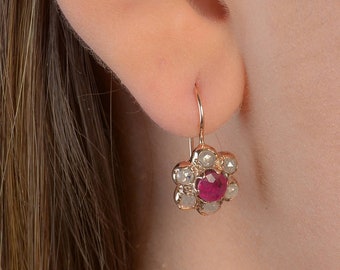Rose Gold Flower Earrings - Rose Cut Diamonds and Ruby - Gold Earrings - Ruby Jewelry - July Birthstone - Anniversary Gift - Ruby Earrings