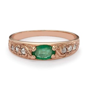 Emerald Band - Yellow Gold Diamonds Ring - Vintage Yellow Ring - Gold Emerald Band - Gold Ring - Ring with Diamonds - Gift for mom
