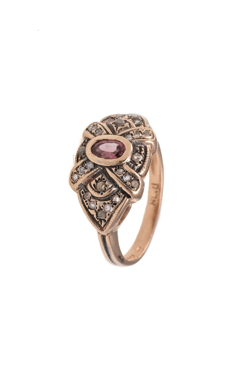 14K Tourmaline and Rose Cut Diamonds Ribbon Ring Gemstone Gold Ring Raw Diamonds and Tourmaline Ring image 4