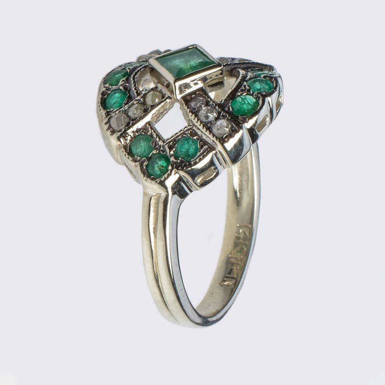Emerald and Diamonds Statement Ring White Gold Gemstone Ring White Gold Emerald Engagement Ring Diamond and Emerald Solid Gold Ring image 3