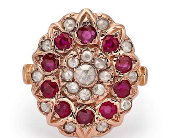 Gold Ruby and Diamonds Flower Ring - Ruby Jewelry - Vintage Ring Diamonds - December Birthstone - 14K Rose Gold - Purple And Grey