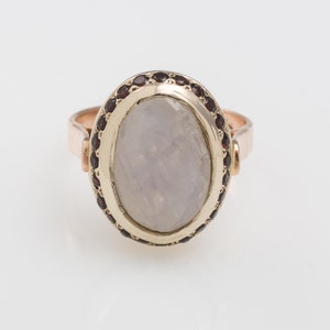 14K Gold Oval Moonstone and Garnet Cocktail Ring Gold Ring with Moonstone Victorian Ring Moonstone Jewelry image 2