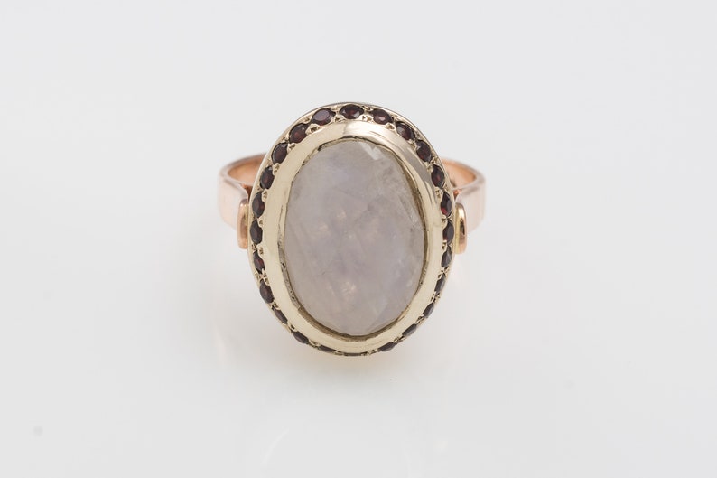 14K Gold Oval Moonstone and Garnet Cocktail Ring Gold Ring with Moonstone Victorian Ring Moonstone Jewelry image 2