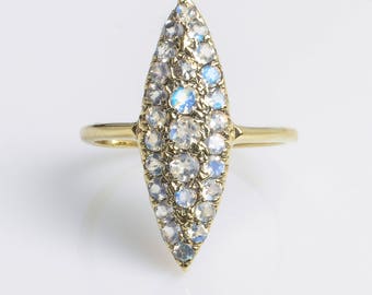 Moonstone Pave Ring - Navette Settings - Moonstone Ring - Yellow Gold Ring - Gold Ring with Moonstone - Victorian Ring - Moonstone Jewelry