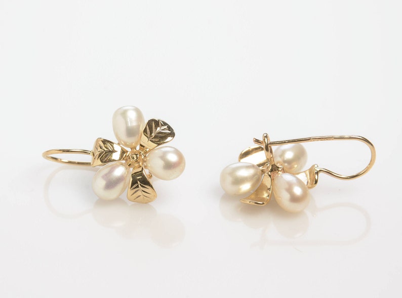 Gold Pearl Earrings Gold Leaves and Pearls Wedding Earrings 14K Yellow Gold Earrings Pearl and Gold Earrings Bridal Earrings image 2